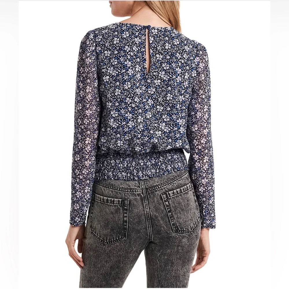 1.STATE Puff Sleeve Blue Floral Print Crew Neck Blouse Medium - Picture 2 of 6